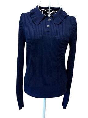J.Crew Navy Merino Wool Ribbed Polo Collar Long Sleeve Sweater Size M